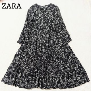 美品 ZARA マキシ丈ワンピース 花柄 Aライン 洗える ゆったり 黒 白 L